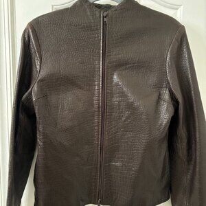 Chocolate Brown Leather Croc Embossed Jacket w/Funnel Neck
